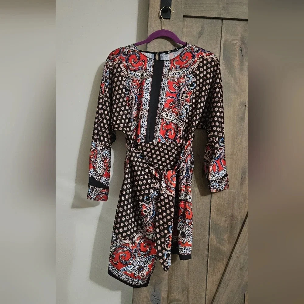 Zara Paisley Print Faux Wrap Mini Dress XS Boho Long Sleeve NWOT